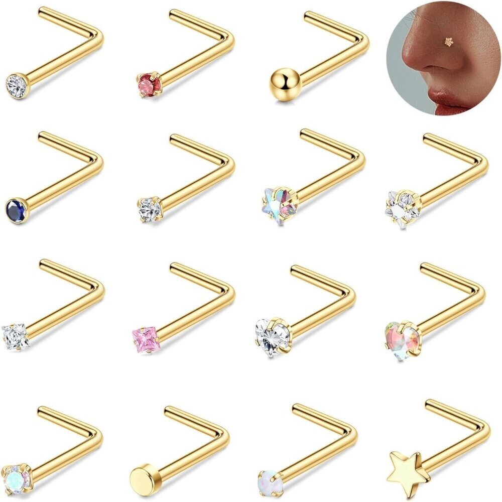 15Pcs Surgical Steel Nose Rings L Shaped CZ Opal Gold Nose Studs Women Men